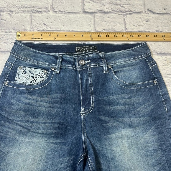 Cato Premium Dark Blue Flare Jeans w/ Lace and Rhinestone Detail. - Picture 5 of 8